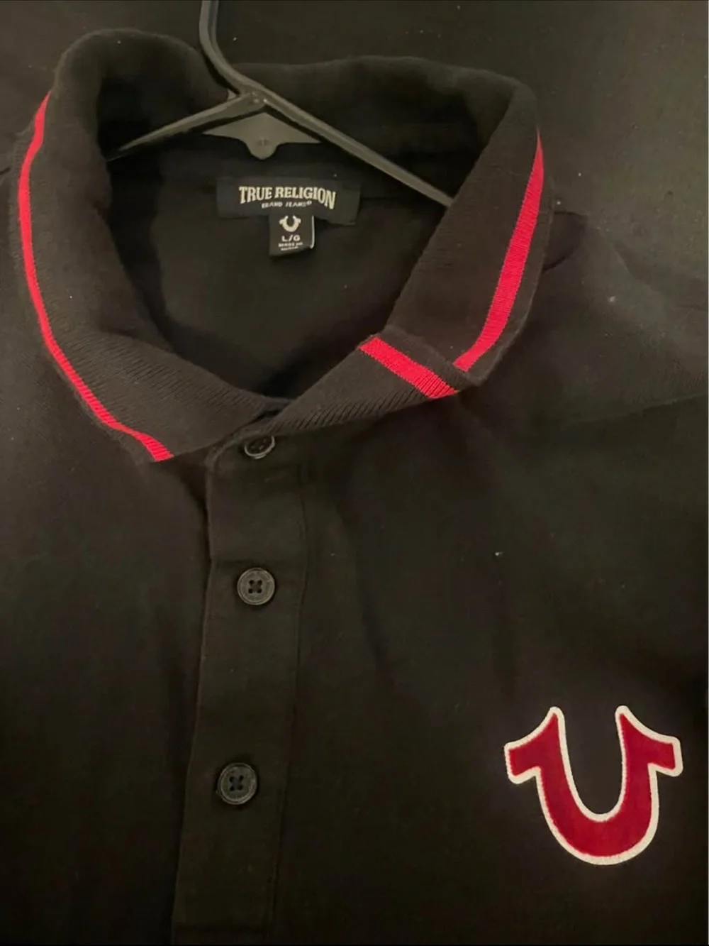 True Religion Black Polo with Red Trim and Logo